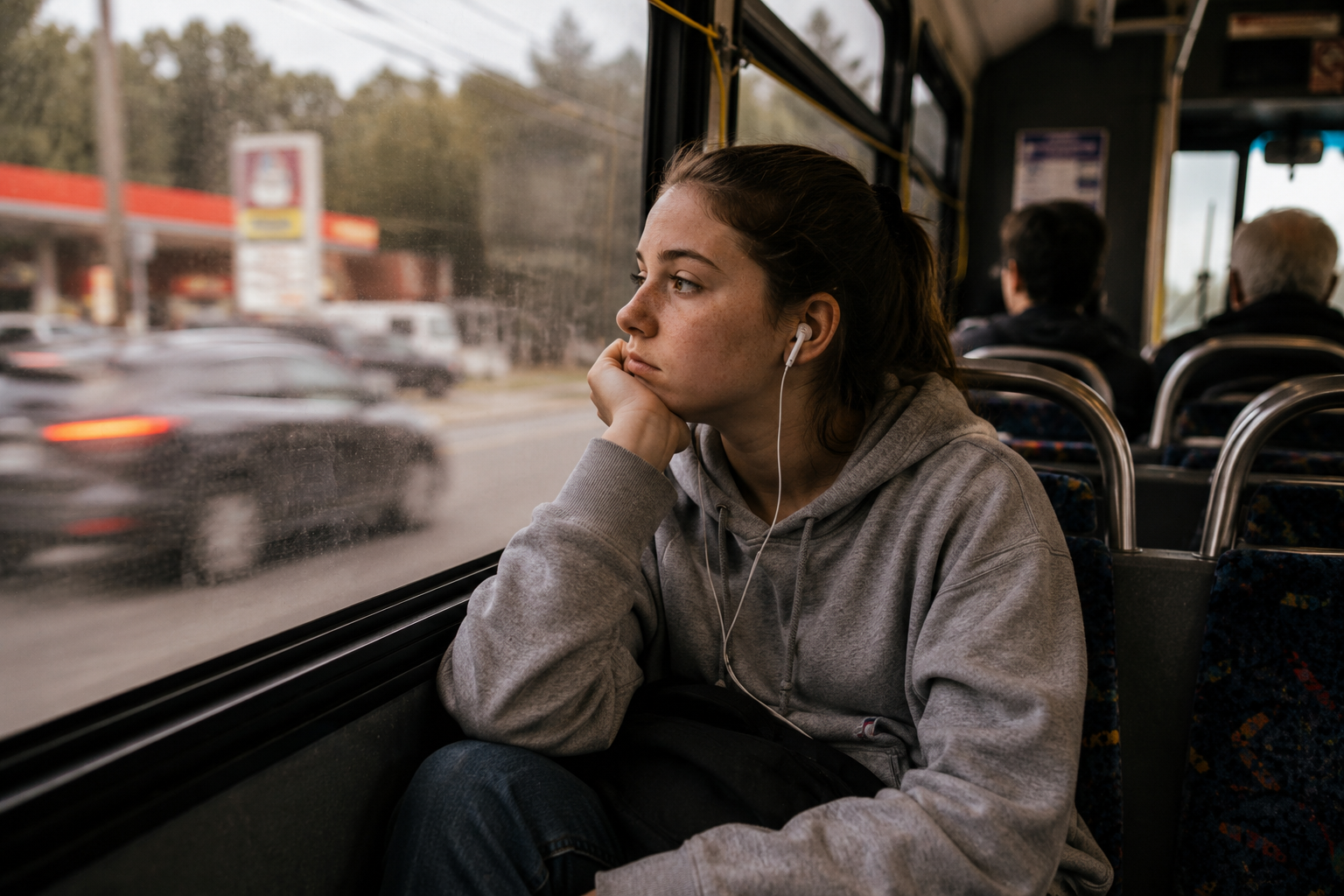 Child sitting at a window looking outside at rain, no devices in sight, quiet and still