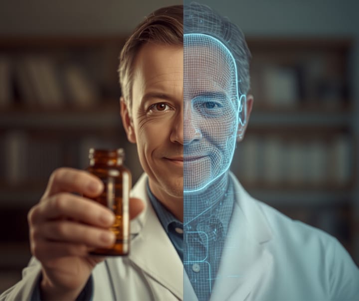 A split-face portrait of a doctor: one half a warm human face, the other half revealed as a digital wireframe and circuitry, illustrating an AI-generated fake wellness influencer.
