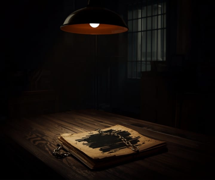 A redacted case file glows under a single lamp in a shadowed archive room, a locked file cabinet visible behind it.