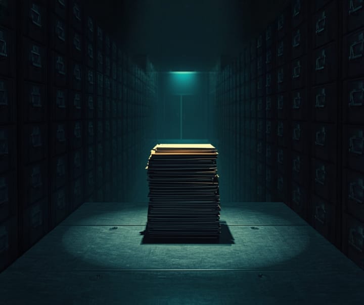 Dark government filing room with a towering stack of papers and a few heavily redacted sheets in a pool of light