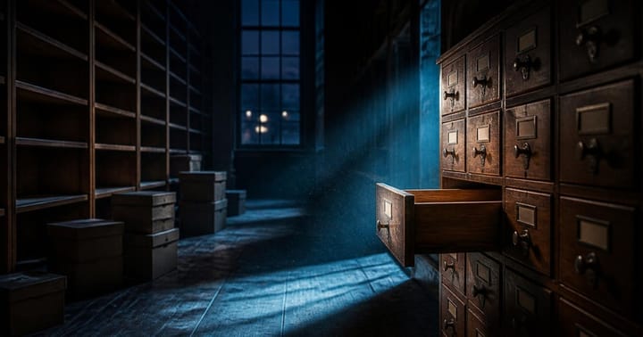 Empty library reading room with stripped shelves and a single beam of cold light on an open card catalog drawer