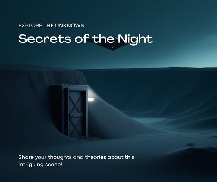 A silent black triangular craft hovering above a desert ridge at night, with a buried steel vault door in the foreground