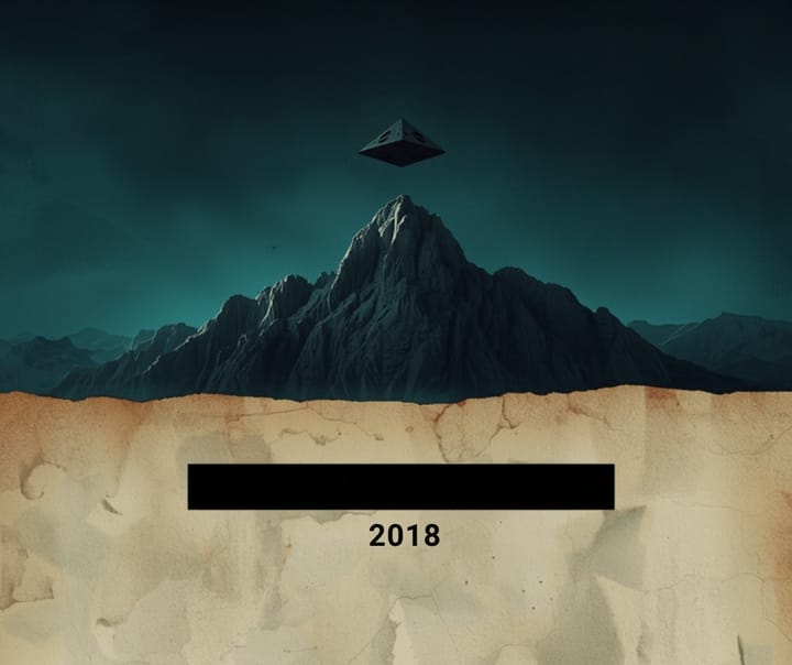 A matte black triangular craft hovering over a dark ridgeline above a government document with redacted lines