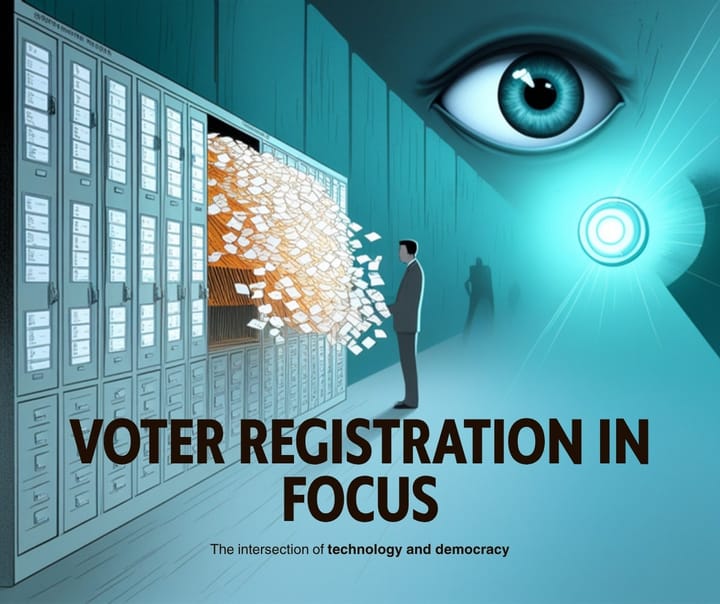 Voter registration cards fed into a scanning machine under a watching camera eye